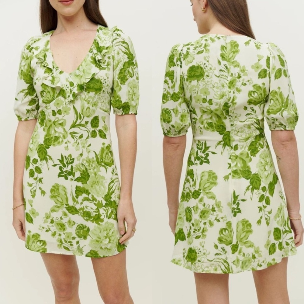 Reformation Green and White Puff Sleeve Mini Sundress